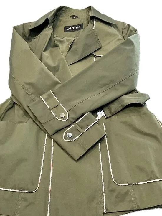 Guess Belted Trench Jacket Olive Green Cotton Blend Size M - Picture 8 of 13